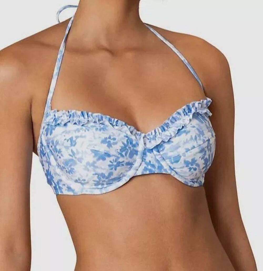 $184 Shoshanna Women's Blue Ruffled Underwire Floral Bikini Top Swimwear Size C